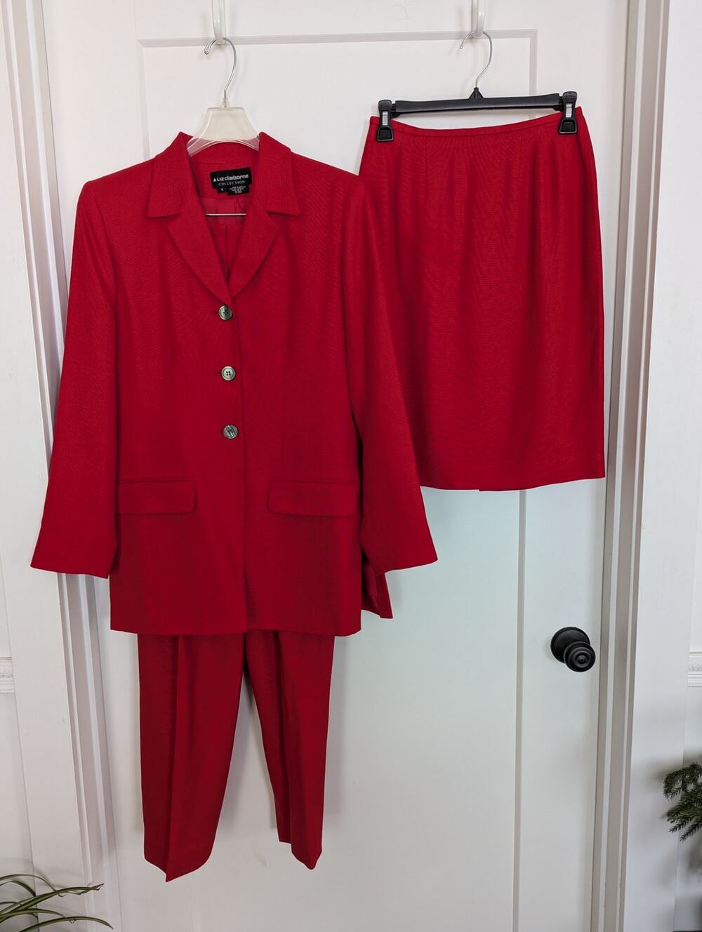 Vtg 90s Liz Claiborne Red 3 Pc Suit Set Blazer Skirt Pants USA Union Sz4 Rayon